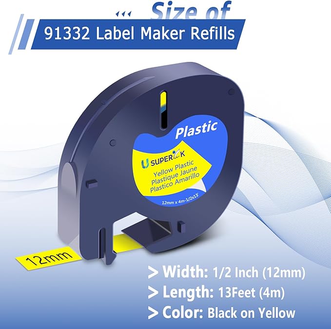 10PK Compatible for Dymo LetraTag Refills 91202 91222 91332 59423 S0721620 Yellow Plastic Label Tape 1/2'' 12mm x 4m for Letra Tag LT100H LT100T QX50 Label Maker Black on Yellow Tape