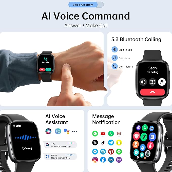 Smart Watches for Women Men, 1.85" HD AMOLED Display, 2 Bands Included, Works with iPhone & Android, 12-Day Battery, 3ATM Waterproof, Bluetooth Call, Health & Fitness Tracker, Black