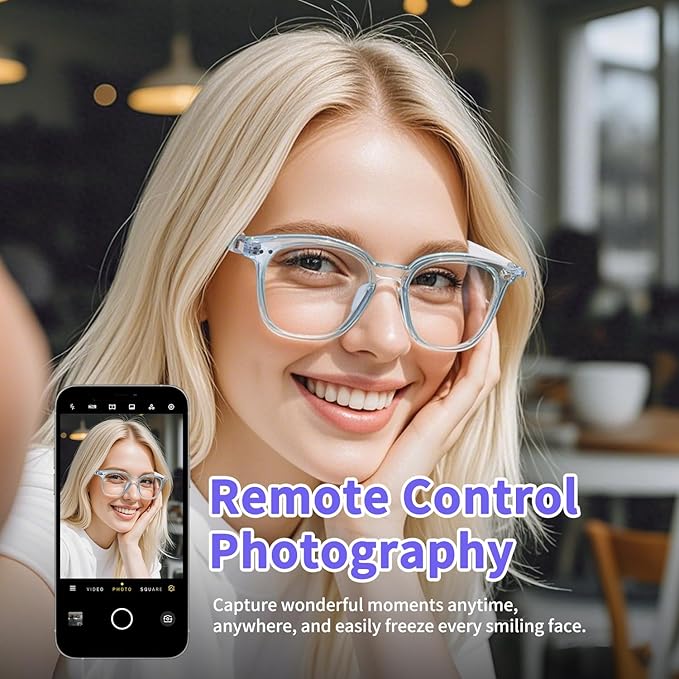 Smart Glasses for Women Men, Bluetooth Glasses with Photochromic Lenses Touch Control Voice Assistant for Clear Audio, Remote Photography, Clear Brown Frame and Black Legs, Perfect for Indoor Outdoor