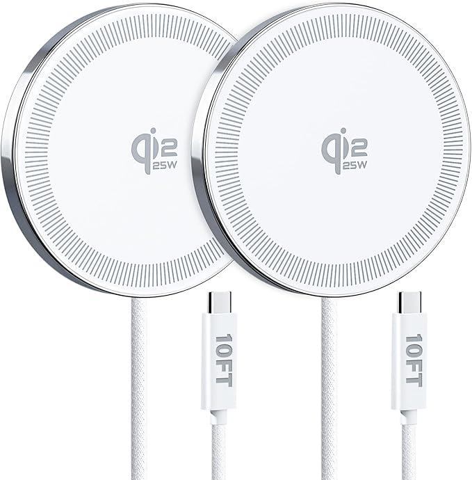 25W Qi2.2 Magnetic Wireless Charger, Fast Charging Pad for iPhone 17/16/15/14/13/12 Series & AirPods, Strong Magnet, Portable for Travel Home Office (White, 2Pack 10FT)