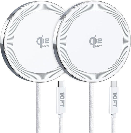 25W Qi2.2 Magnetic Wireless Charger, Fast Charging Pad for iPhone 17/16/15/14/13/12 Series & AirPods, Strong Magnet, Portable for Travel Home Office (White, 2Pack 10FT)