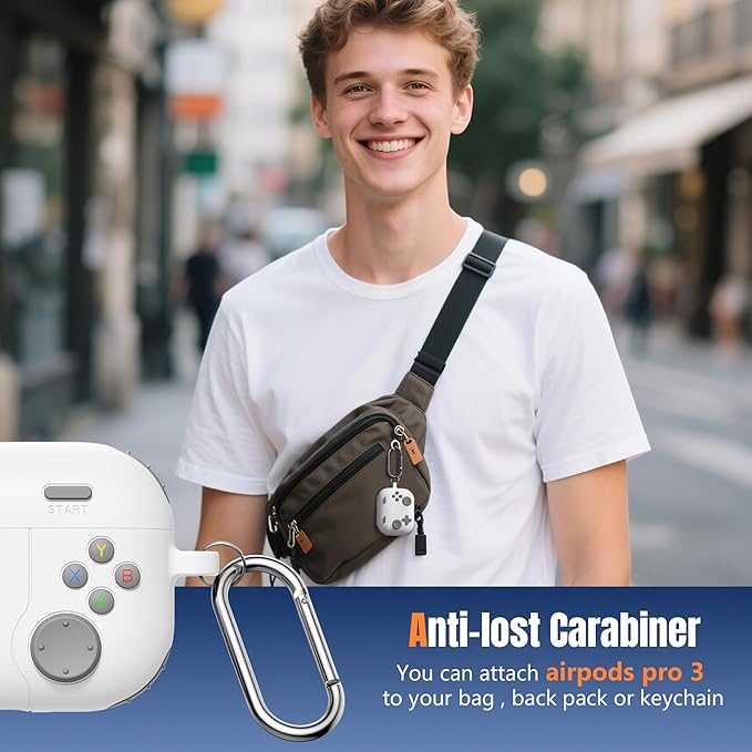 Getino Game Case for AirPods Pro 3 Case 2025, Shockproof Silicone Cover for Apple AirPods Pro 3 – with Cleaner Kit & Keychain, Classic Cool Funny Durable Protective Case for Men Boy–White