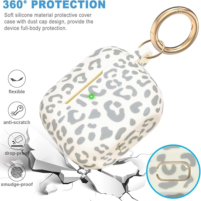 Silicone Leopard Compatible with AirPods 3 Case 2021, Gawnock Soft Case Compatible with AirPods 3rd Generation Floral Print Cover for Women Girls with Keychain (Beige Leopard)