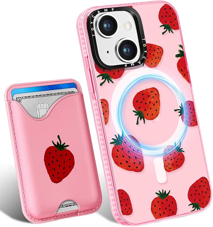 Toycamp for iPhone 14 Case, for iPhone 13 Case - Compatible with Magsafe Credit Card Holder Wallet Magnetic Cute Women Teen Girls Kawaii Girly Unique Strawberry Design Phone Cover for iPhone 14/13