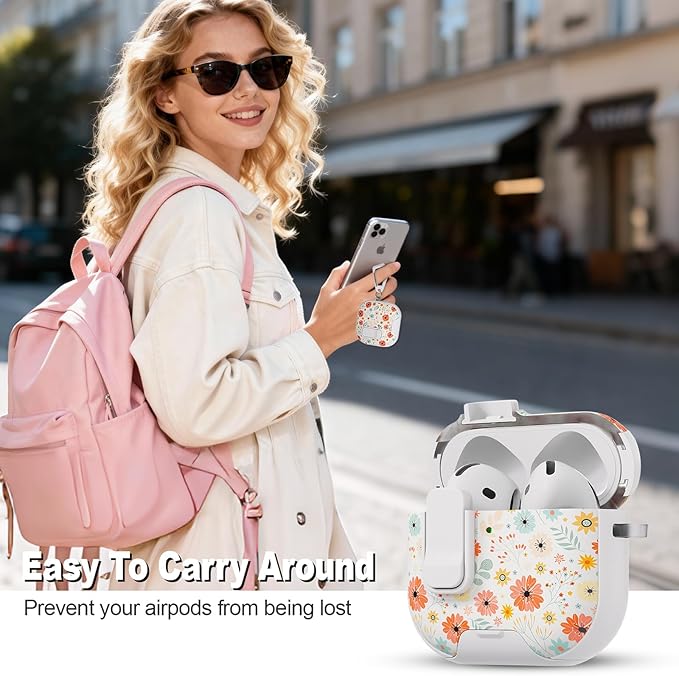 for AirPods 4 Case with Secure Lock Clip in Phone Stand,Floral Girly Style Protective Cover with Cleaning Kit and Hand Strap for Apple AirPod 4 Generation (Maple Leaf Petals)