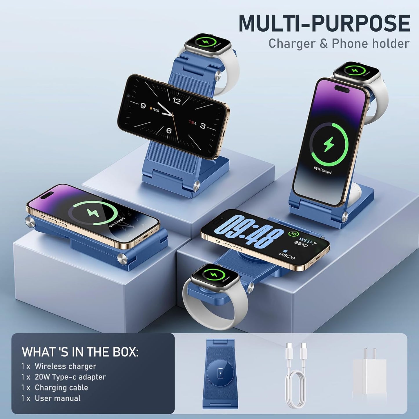 3-in-1 Foldable Wireless Charging Station 20W for iPhone Apple Watch and AirPods Travel Charger for Multiple Devices