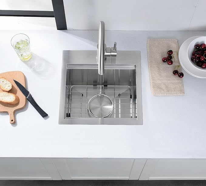 Stainless Steel Drop-In Bar Sink 15x15 Inches Single Bowl Small Workstation Kitchen Sink, Doirteal Top Mount 15 Inch Bar Sinks Outdoor Wet Bar Prep Sinks With Accessories