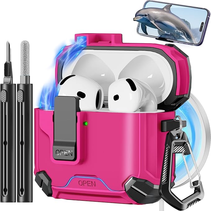 Compatible with AirPods 4 Case,Magnetic Automatic Lock with Phone Stand & Cleaning Kit,Compatible with Magsafe Cover -Rose red