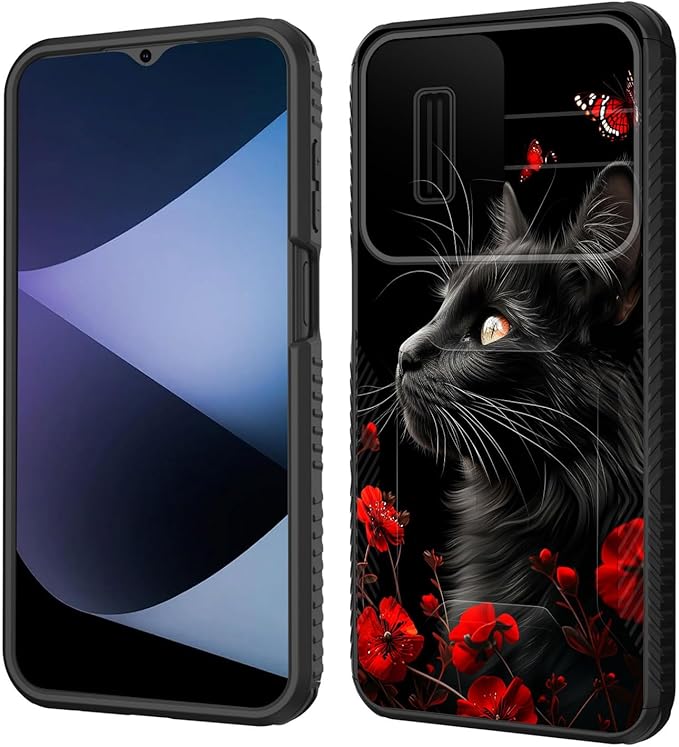 for Galaxy A26 5G Case Built in Slide Camera Lens Cover,Heavy Duty Shockproof Protection Dual Layer Case for Samsung Galaxy A26 5G 6.7" 2025,Black Cat Flowers and Butterflies