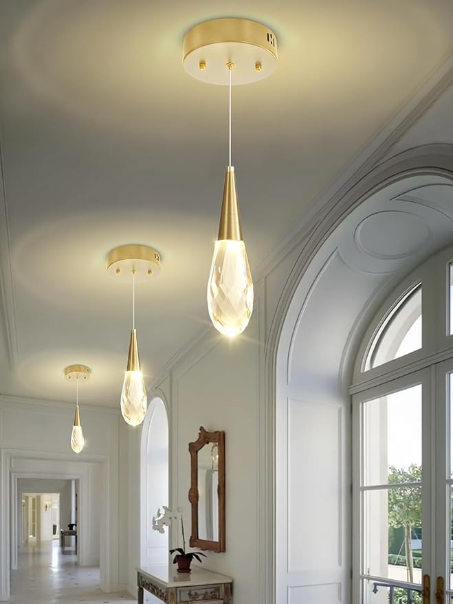 Pendant Light Kitchen Islan Gold Mini Crystal Chandelier Modern Hanging Light Fixture for Dining Room, Living Room,Bedroom, Foyer（3-Pack）