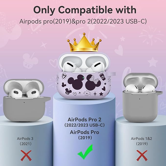 Compatible with Airpods Pro 2nd/1st Generation Case Cover with Keychain, Women Men Soft Silicone Two-Tone Cute Cartoon Engraved Convenience Protective Case, Front LED Visible Lavender/Purple
