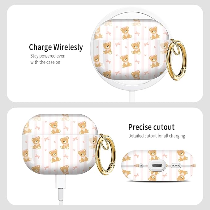 Cute Hard Case Compatible with AirPods Pro 3rd Generation Case (2025), Shockproof Protective Cover with Golden Keychain Ring Clip (Cute Bear Bow)