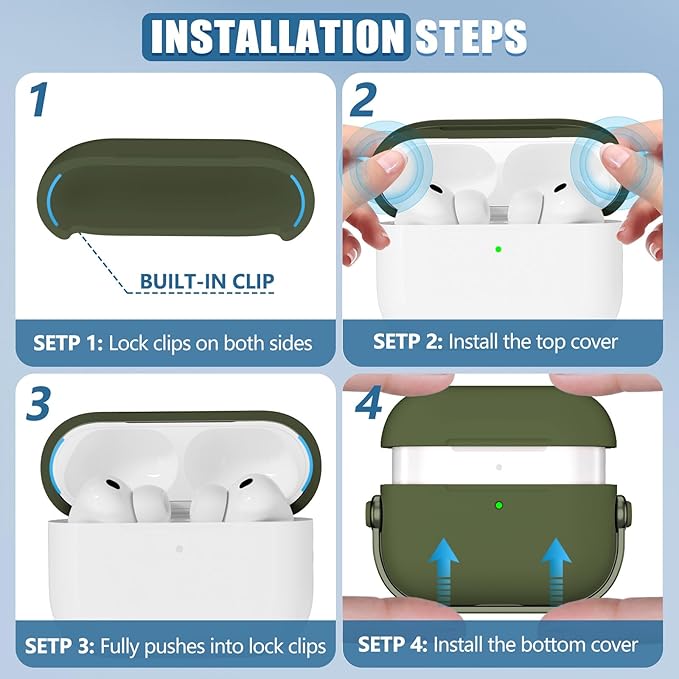 for Airpods Pro 3 Case,Safety Lock Cases for Apple Airpod Pro 3 (2025) with Cleaner Kit, Drop Protection Air pods Pro3 Case Cover for Men for Women with Keychain,Army Green