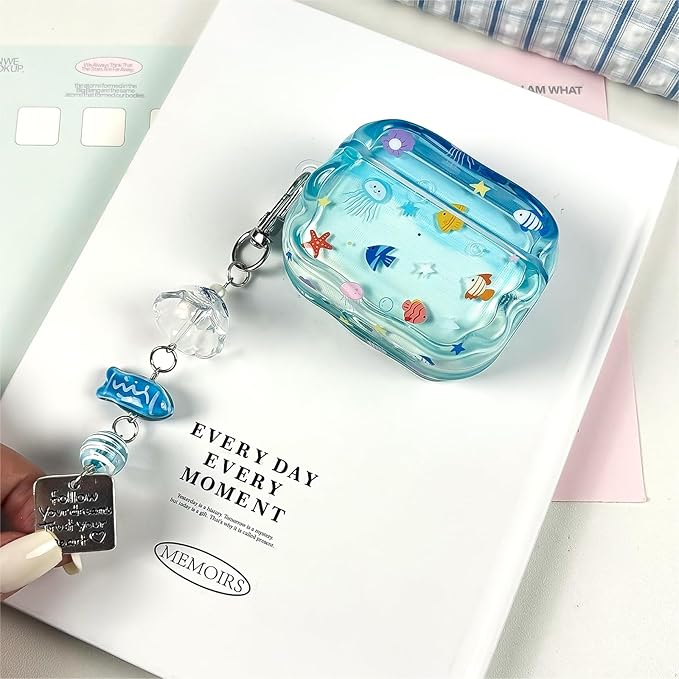 Compatible with AirPods Pro 3 Case Soft TPU with Cleaner Kit Creative Cute Fish Star Keychain Shockproof Cover for Airpods Pro 3rd Generation(2025) -Blue