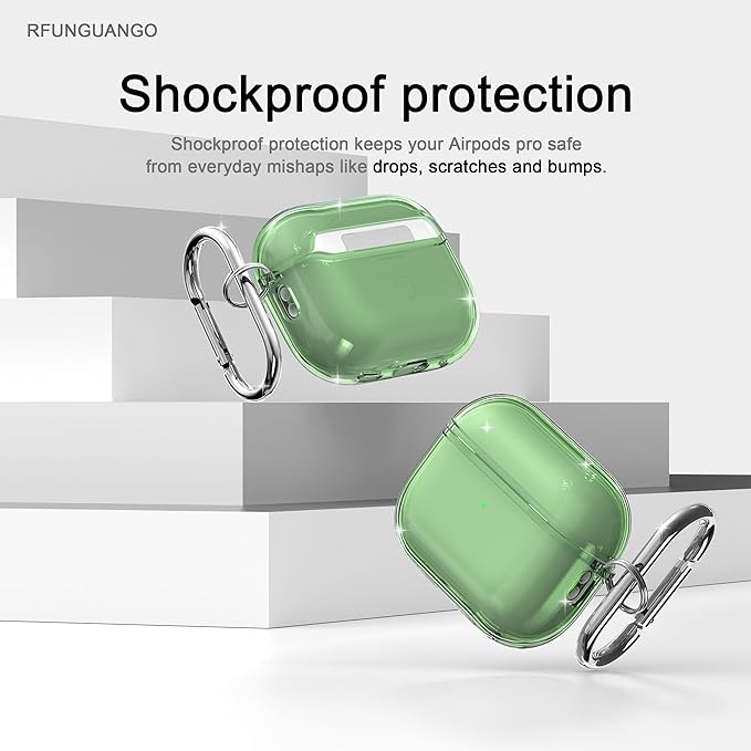 RFUNGUANGO AirPods Pro Case Clear, Soft TPU Transparent with Cleaning Kit & Keychain, Compatible with Magsafe, Compatible Apple AirPods Pro 2nd/1st Generation Protective Case, Green