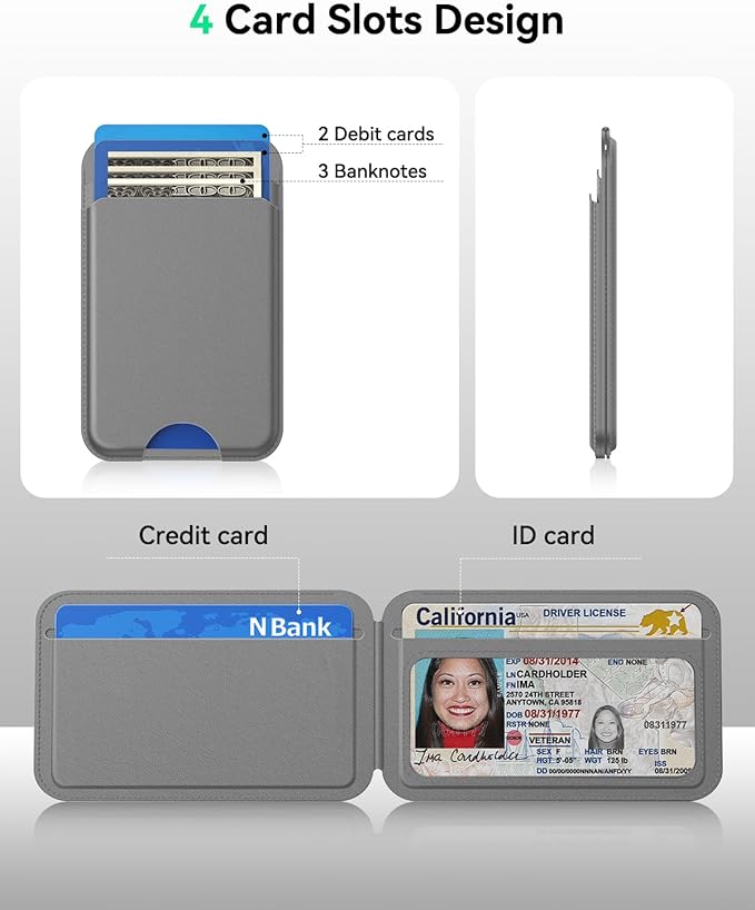 for MagSafe Wallet with Stand, 5 Card Holder, Slim Leather Magnetic Wallet for iPhone 17/16/15/14/13/12 Pro Max Plus Air Series, 3 Card Slots & 1 Cash Slot,Grey