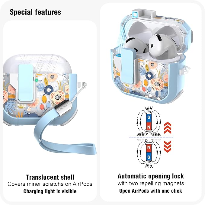 WENEW Case for AirPods 4th Case Cover Secure Lock Automatic Snap Switch Clip Cleaner Kit Lanyard Women Stylish Flower Armour Hard Shell Full Body Front LED Visible (Blue, AirPods 4)