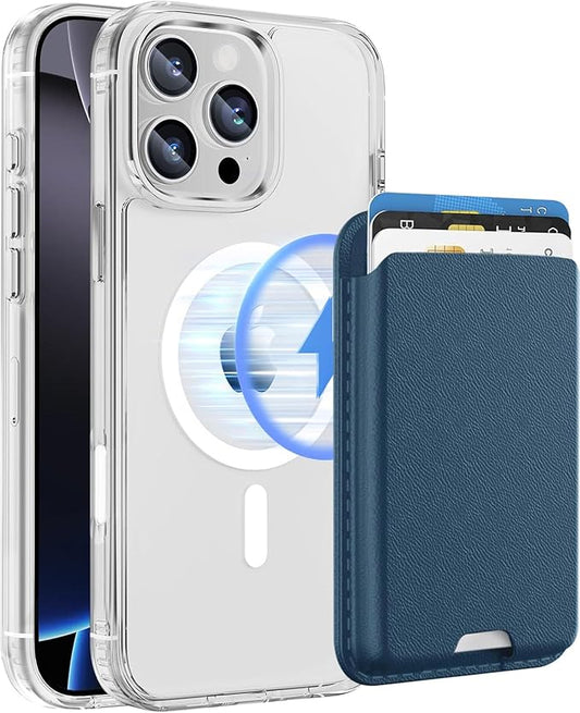 Magnetic for iPhone 16 Pro Max Clear Case with Blue Detachable Wallet, Compatible with MagSafe, Credit Card Holder with Slim Shockproof Protective Phone Cover