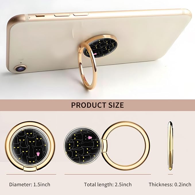 Cell Phone Ring Holder, Cute Metal Phone Grip Stand Finger Ring Kickstand, Flexible 360°Rotation Phone Tablet Case Accessories Compatible with Most Phones Luxury Black Cats