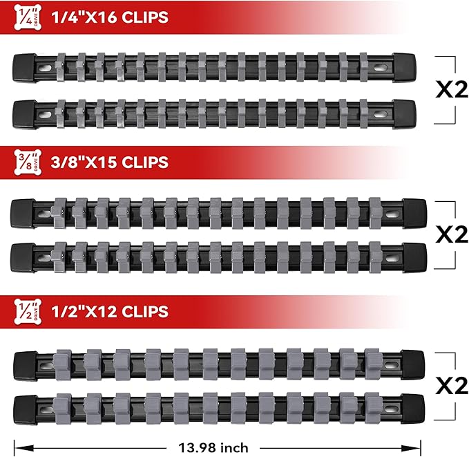 ALOANES 12PC ABS Socket Organizer, Socket Rails Fit 1/2 inch, 3/8 inch and 1/4 inch Drive, Heavy Duty Socket Holders Hold up to 172 Sockets, Black Rails with Grey Clips