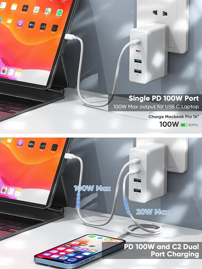 Mac Book Pro Charger,120W GaN 4-Port USB C Charger Block,Exclusive PD 100W for MacBook Pro/Air,ipad Pro,Samsung Galaxy,iPhone 16/15/Pro and All USB C Device-White