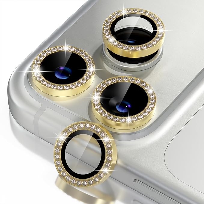 Misea Compatible for iPhone 17 Pro/iPhone 17 Pro Max Camera Lens Protector Bling, 9H Tempered Glass Camera Cover Screen Protector Metal Individual Ring Decoration Accessories, Gold Diamond