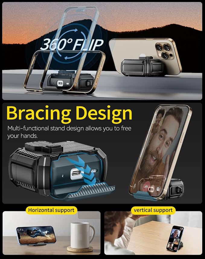 Compatible with AirPods 4 Case,Magnetic Automatic Lock with Phone Stand & Cleaning Kit,Compatible with Magsafe,Carbon Fiber Texture Cover -Black