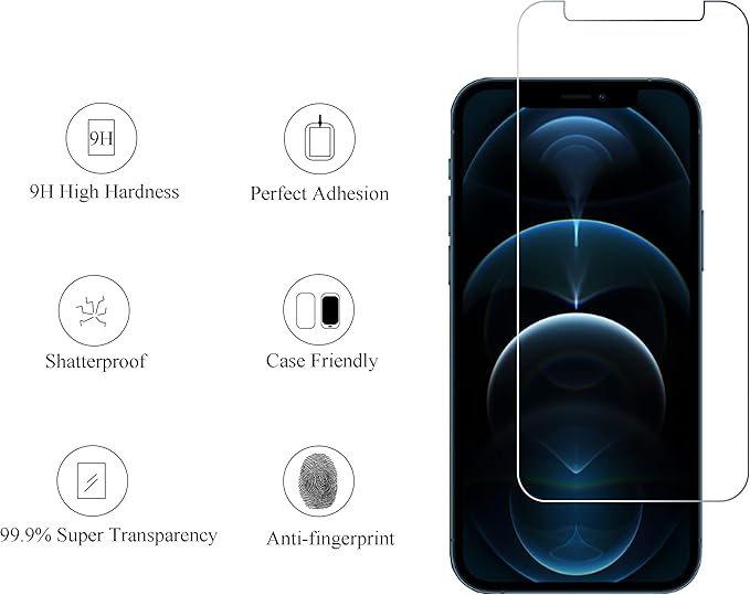 Ailun 2Pack Screen Protector Compatible for iPhone 12 Pro[6.1 inch] + 2 Pack Camera Lens Protector,Tempered Glass Film,[9H Hardness] - HD