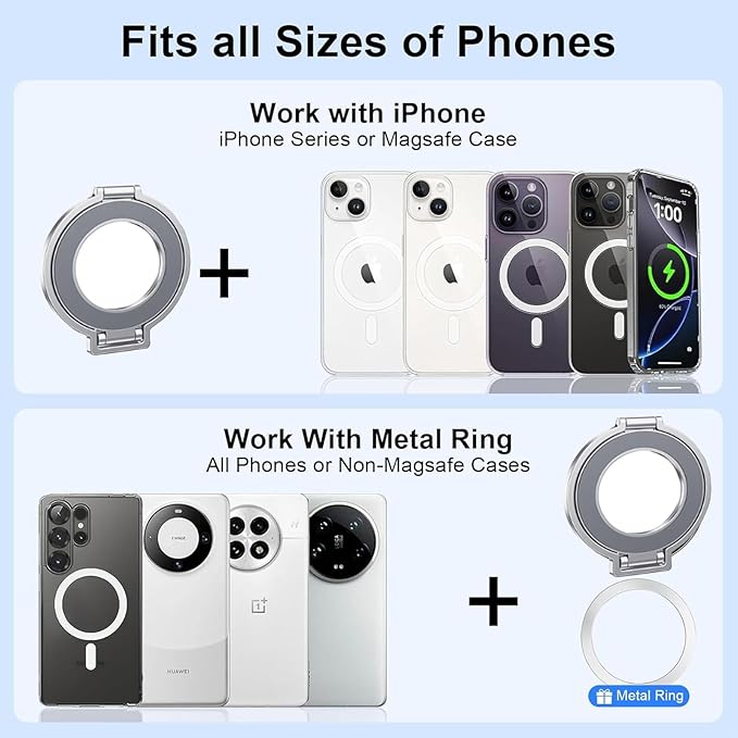 Magnetic Phone Ring Holder, Foldable 2 in 1 Ring and Kickstand Adjustable Phone Stand for Desk, Portable Cellphone Grip for iPhone 16/15/14/13/12 Series and Other Phones
