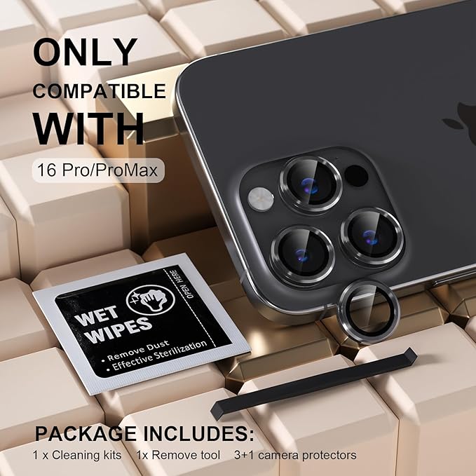 Misea Compatible for iPhone 16 Pro/iPhone 16 Pro Max Camera Lens Protector, Ultra-HD Tempered Glass Camera Cover Screen Protector Metal Individual Ring Protector Decoration Accessories, Black