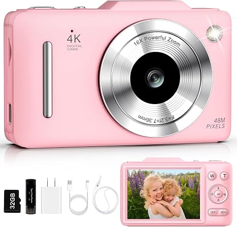 Digital Camera 4K for Kids-48MP Autofocus Vlogging Camera with 32GB Card, 16X Zoom, Anti-Shake, Compact Point and Shoot Camera for Teens Beginners, Birthday Gift Pink