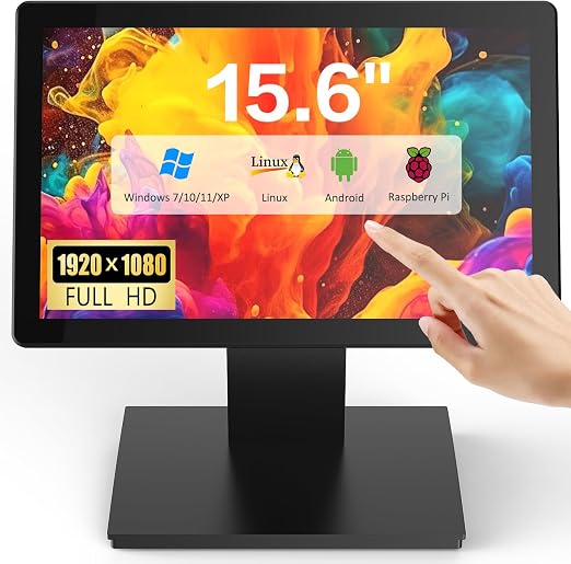 15.6" Touchscreen POS Monitor, 1920×1080 FHD IPS Display, 10-Point Capacitive Touch, with HDMI/VGA Input, Heavy Duty Metal Stand for Restaurant, Bar, Gym, Warehouse, and POS Systems