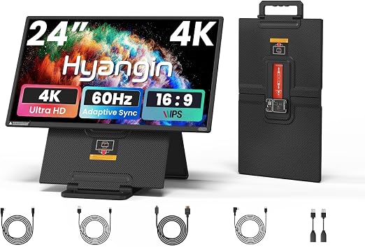 Hyangin 4K 24-inch Large Portable Monitor for Laptop 2026 Upgraded, 60Hz Portable Screen, 125% sRGB IPS Portable Second Monitor with Adjustable Stand for Laptop, MacBook, Phones