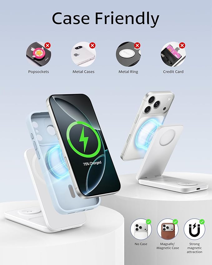 3 in 1 Qi2 Magnetic Wireless Charging Station for Apple, Foldable Charger Stand for iPhone 17/16/15/14/13/12 Pro Max, Apple Watch Ultra/Series & AirPods Pro Fast Charging Dock