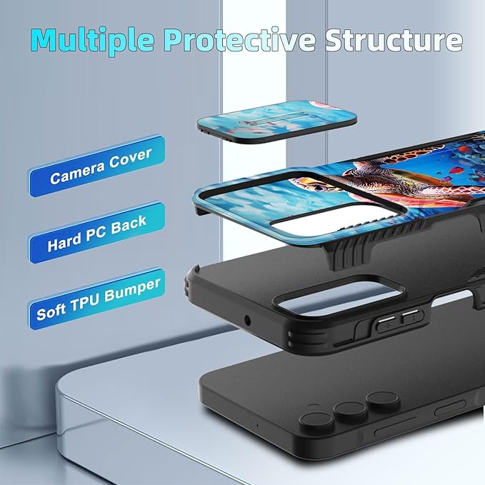 for Galaxy A15 5G Case Built in Slide Camera Lens Cover,Heavy Duty Shockproof Protection Dual Layer Case for Samsung Galaxy A15 5G 6.5 inch 2024,Sea Turtle Swimming Underwater