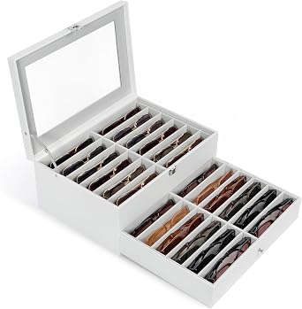 Sunglasses Storage Organizer Case with 24 Adjustable Slots, 2 Layer Multi Eyeglass Glasses Display Box with Lid Women