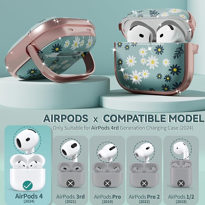 Inesore with Safety Lock for AirPods 4 Case,Clear Floral Cute AirPod 4th Generation Case for Women Girly with Cleaner Kit and Keychain- Green Daisy Flowers