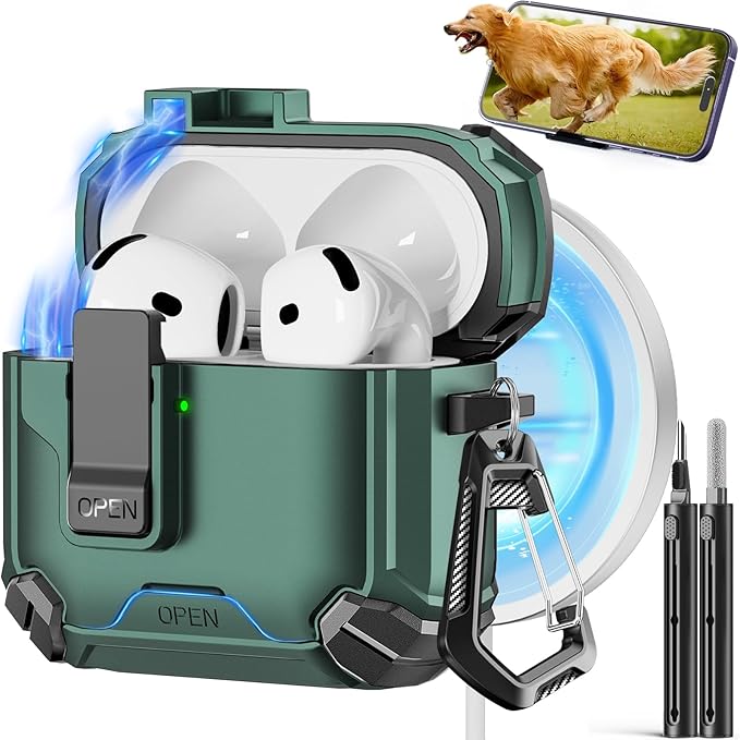 Compatible with AirPods 4 Case,Magnetic Automatic Lock with Phone Stand & Cleaning Kit,Compatible with Magsafe Cover -Green