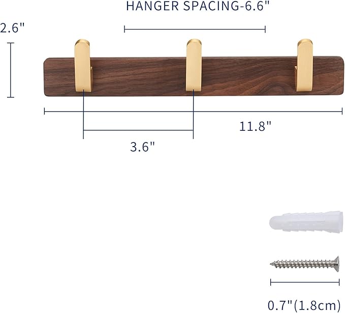 SARIHOSY] Wall Mounted Coat Rack,Multi Hook Hangers,Entryway Hanging Coat Rack,Metal Wood Coat Rail with 3 Hooks，Walnut Wood,zinc Alloy,Bedroom,Bathroom,Foyer,Living Room,Metal Household Items