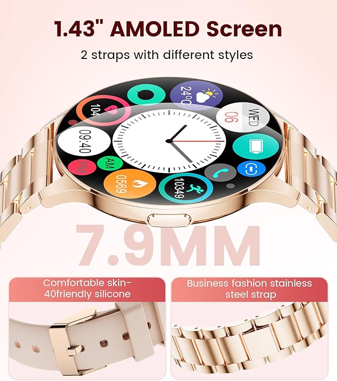 LIGE Smart Watches for Women, Call/Reminders, 1.43" AMOLED Ultra-Thin Activity Trackers with Heart Rate/Sleep/SpO2 Monitor, 100+ Sports Modes Fitness Watch for iOS Android, Rose Gold
