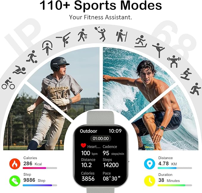 Smart Watch for Men Women, Bluetooth Calls, AI Dial,AI Q&A,1.85" HD AMOLED Curved Display Fitness Watch with Heart Rate/SpO2/Stress Monitor, Pedometer,110+ Sports Waterproof IP68 Smartwatch,Light Gray
