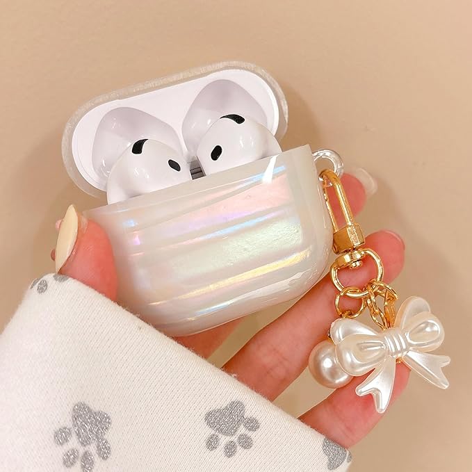 for Airpod 4 Case Cute Luxury Glitter Pearl Shell Protective Cover with Bowknot Keychain Compatible with AirPods 4th Generation Case 2024 for Girls Women (Bow Colorful)