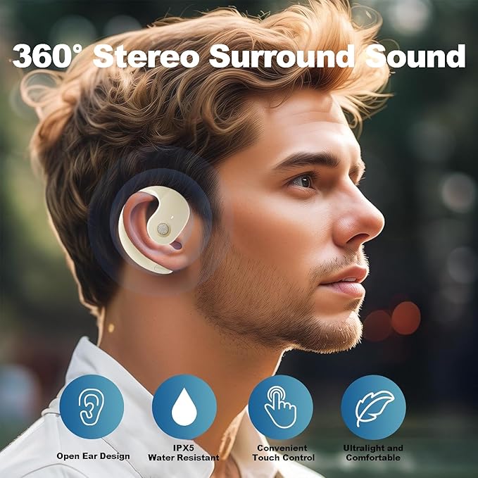 NEW Ultra Bone Conduction Earphones Open Earbuds with Immersive Audio Clear Call, Wireless Bluetooth Ear buds Stable Fit, Robust Bass, Sweat-Proof Sport Open-Ear Headphones with Mic, 48H Playtime