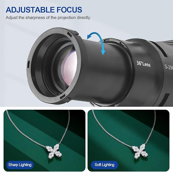 WELLMAKING Bowens Mount Optical Snoot Conical S-290LED Kit. 2 Times Brighter, Adjustable Focus Lens, Aperture Modifier and 12 Gobos; for Photography, Studio Video, only suitfor LED Continuous Lights