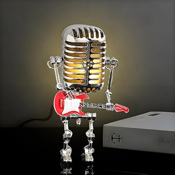 zxbaers Vintage Microphone Guitar Lamp, Retro Microphone Lamp, Guitar Lamps for Men, Cool Gifts for Music Lovers, USB Plug in Powered, Retro Decorations for Home, Bar, Office