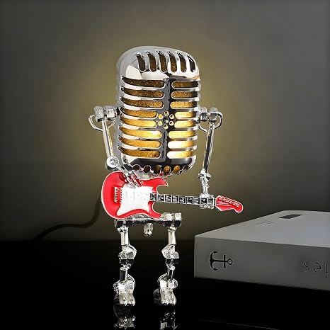 zxbaers Vintage Microphone Guitar Lamp, Retro Microphone Lamp, Guitar Lamps for Men, Cool Gifts for Music Lovers, USB Plug in Powered, Retro Decorations for Home, Bar, Office