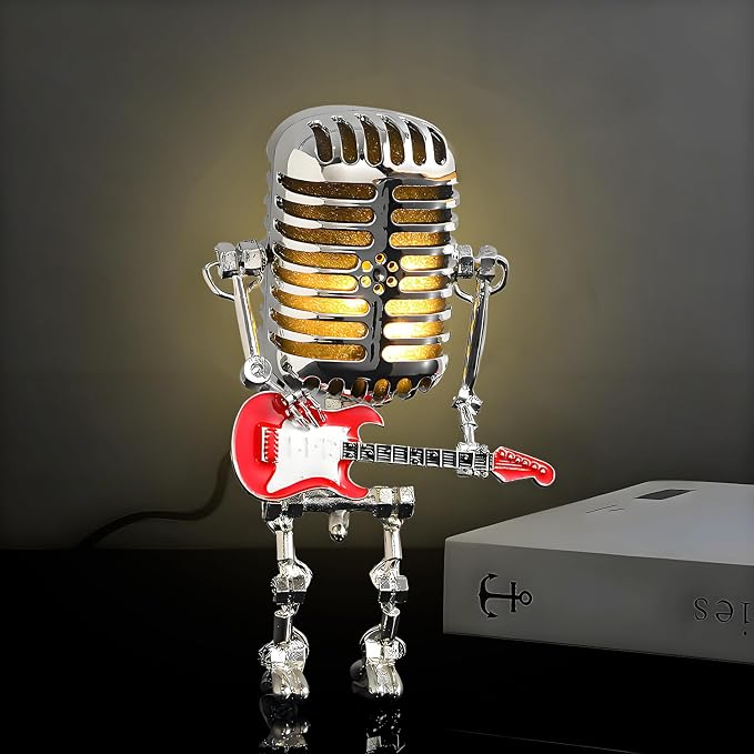 zxbaers Vintage Microphone Guitar Lamp, Retro Microphone Lamp, Guitar Lamps for Men, Cool Gifts for Music Lovers, USB Plug in Powered, Retro Decorations for Home, Bar, Office