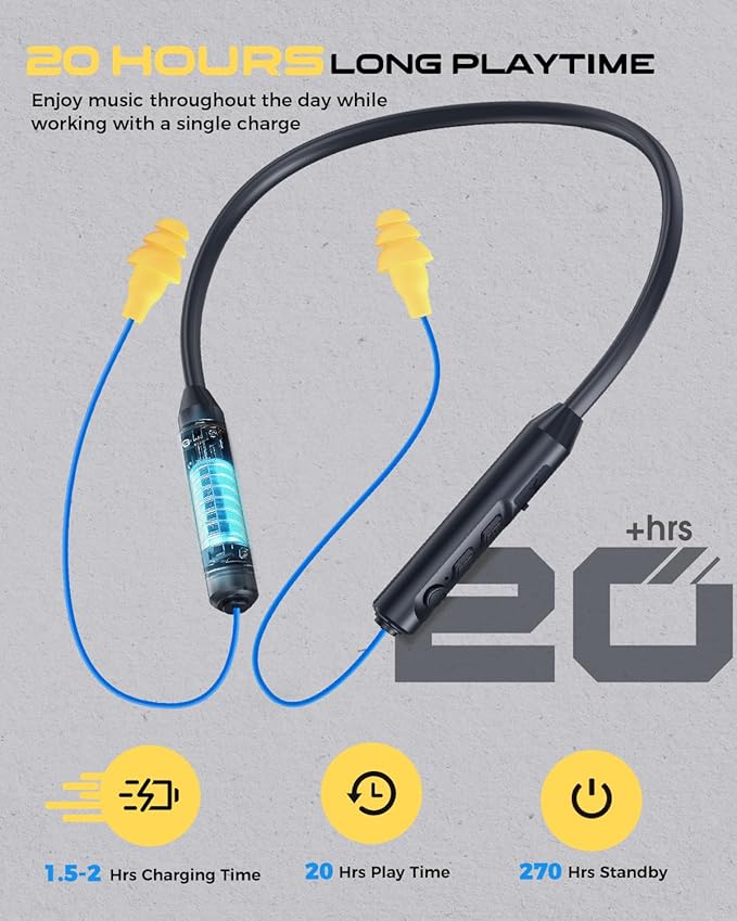 MIPEACE Bluetooth Earplug Headphones, Neckband Wireless Earbuds earplugs-29db Noise Reduction isolating in-Ear earplug Earphones and Controls,IPX6 sweatproof,20+Hour Battery(Blue)