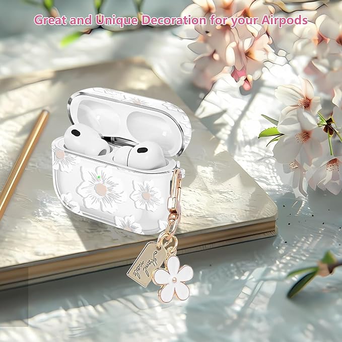 for Airpods pro 3 Case Clear,Cute White Camellia Design for Airpods pro 3 Case Cover,Shockproof Soft TPU Skin Accessories with Girly Flower Keychain&Cleaning Pen for Women Girls-Clear