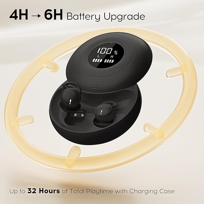 sunvito Sleep Earbuds Bluetooth 6.0, Mini Invisible Silicone Sleep Earbuds for Side Sleepers, Noise Blocking Sleeping Headphones, Hidden Earbuds with LED Display for Small Ears, Sleep & Relax (Black)